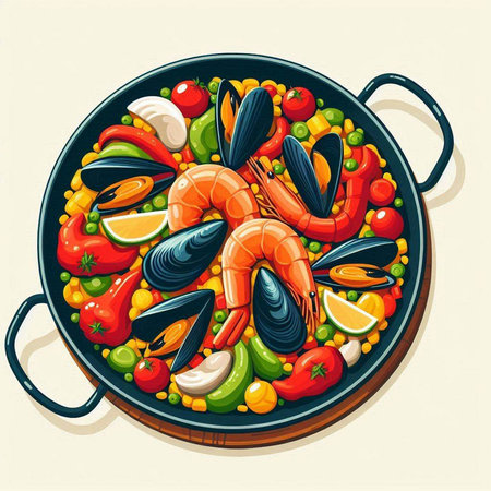 Seafood paella in a frying pan. Vector illustration.のイラスト素材