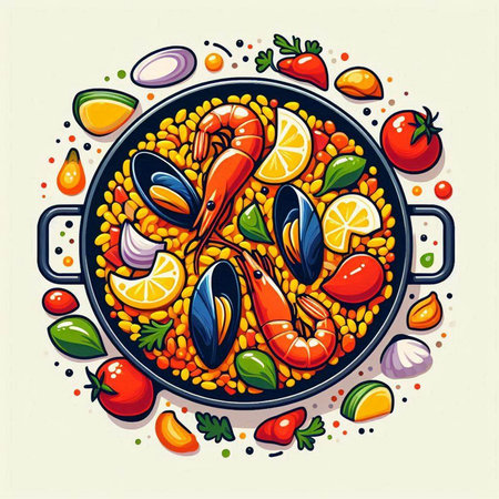 Seafood paella with shrimps, mussels, prawns, tomatoes, onion, lemon, parsley in a pan. Vector illustration.のイラスト素材