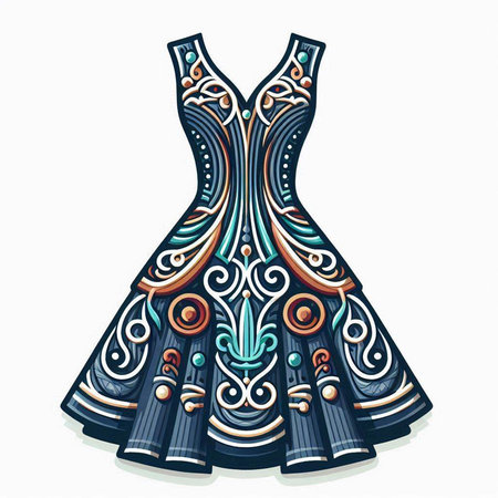 Fashion illustration of beautiful dress with ethnic ornament. Vector illustration.のイラスト素材