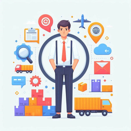 Businessman with magnifying glass and logistic icons. Vector illustrationのイラスト素材