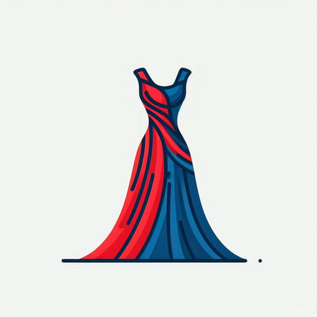 Fashionable female dress with red and blue stripes. Vector illustration.のイラスト素材