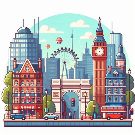 London, United Kingdom. Cityscape with famous buildings. Vector illustration.のイラスト素材