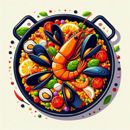 Illustration of paella with shrimps, mussels and vegetablesのイラスト素材