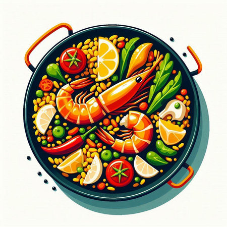 Seafood dish with shrimps, prawns, mussels, tomatoes, lemons, peppers and herbs in frying pan. Vector illustration.のイラスト素材