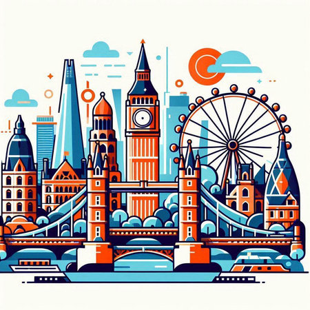 London, United Kingdom skyline with famous landmarks. Vector illustration in flat styleのイラスト素材