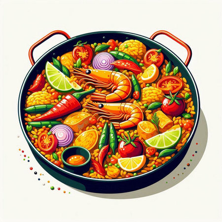 Illustration of a paella with prawns, tomatoes, onions, lemons and peppersのイラスト素材