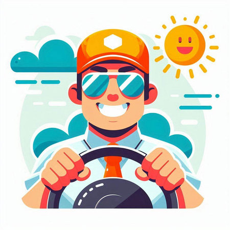 Cheerful driver with steering wheel. Vector flat cartoon illustration.のイラスト素材