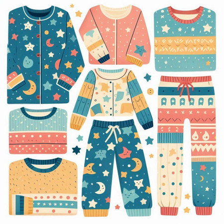 Set of cute pajamas with different patterns. Vector illustration.のイラスト素材