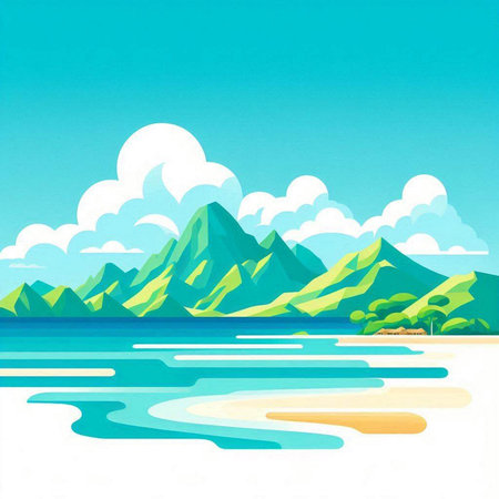 Beautiful summer landscape with mountains, sea and sky. Vector illustration.のイラスト素材