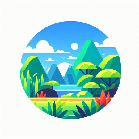 Vector illustration of mountain landscape with river, forest and mountains in circle shapeのイラスト素材