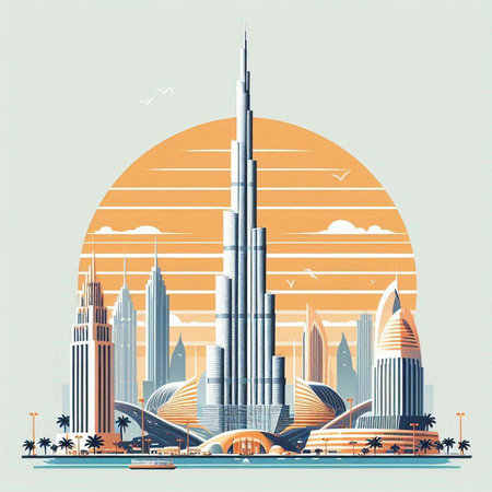 Dubai skyline, United Arab Emirates, vector illustration in vintage styleのイラスト素材