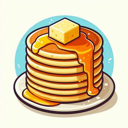 Illustration of a Stack of Pancakes with Butter and Maple Syrupのイラスト素材