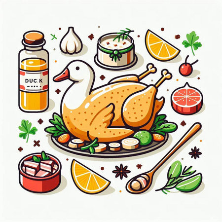 Vector illustration of roasted chicken with spices and vegetables on white background.のイラスト素材