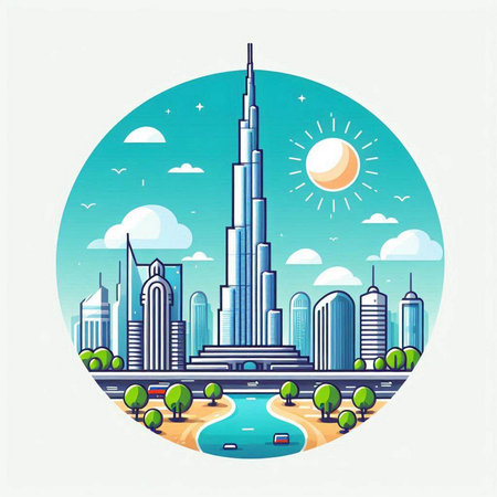 Vector illustration of Dubai city skyline in flat style on white background.のイラスト素材