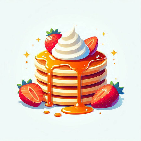 Pancakes with strawberries and whipped cream on white background. Vector illustration.のイラスト素材