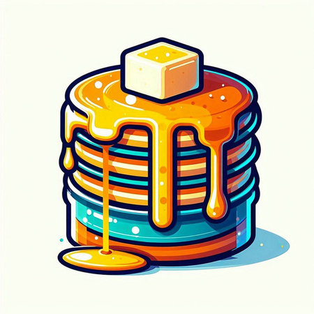 Illustration of a stack of pancakes with honey and butter in cartoon styleのイラスト素材