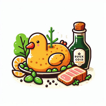 Vector illustration of cute cartoon chicken with olive oil, lemon and herbs.のイラスト素材