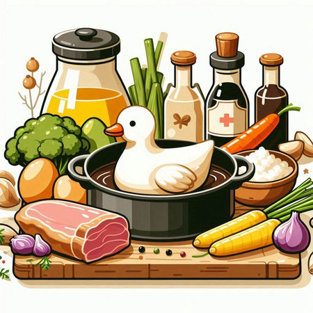 Illustration of a chicken in a cooking pot surrounded by food ingredientsのイラスト素材