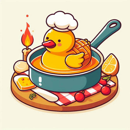 Illustration of a chicken cooking in a frying pan on a wooden boardのイラスト素材