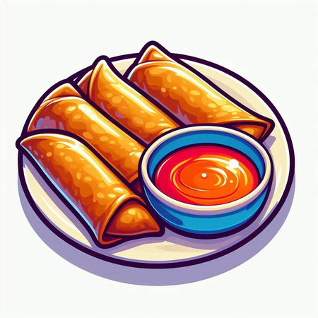 Vector illustration of a plate of fried spring rolls with tomato sauce.のイラスト素材