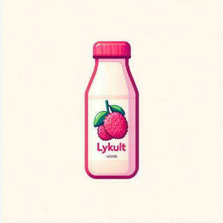 Illustration of a bottle of milk with a raspberry on a white backgroundのイラスト素材