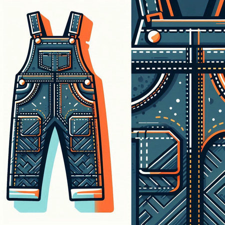 Vector illustration of denim overalls with pockets on a white background.のイラスト素材