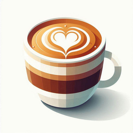 Coffee cup with latte art and heart shape on white backgroundのイラスト素材