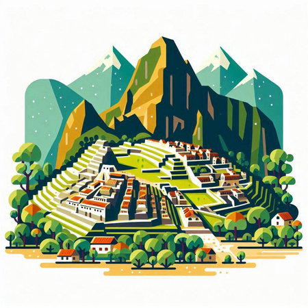 Vector illustration of a mountain landscape with a view of the village.のイラスト素材