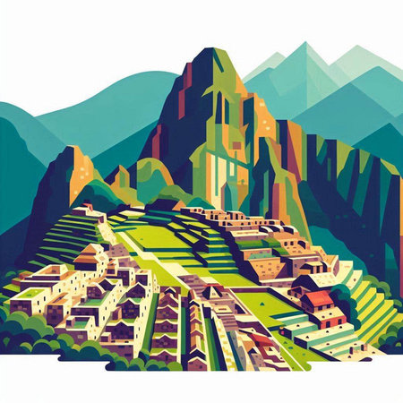Mountain landscape with old town in flat style. Vector illustration.のイラスト素材