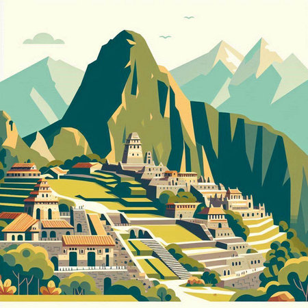 Mountain landscape with old town. Vector illustration in flat style.のイラスト素材