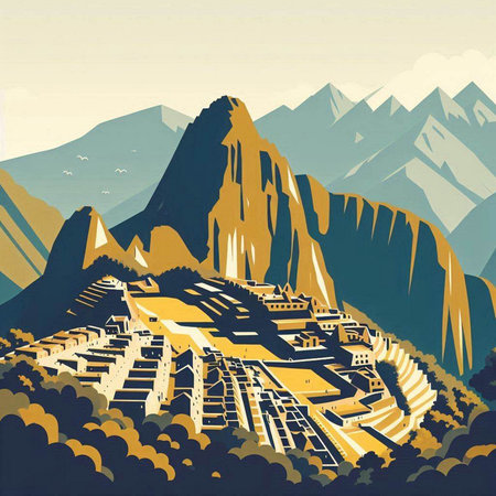 Landscape with mountains and road in retro style. Vector illustration.のイラスト素材