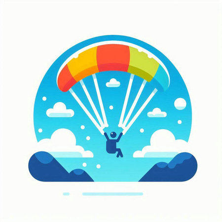 Parachute flying in the blue sky. Vector flat illustration.のイラスト素材