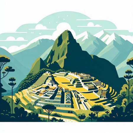 Vector illustration of mountain landscape with road and buildings in flat style.のイラスト素材