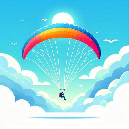 Paraglider flying in the blue sky with clouds. Vector illustration.のイラスト素材