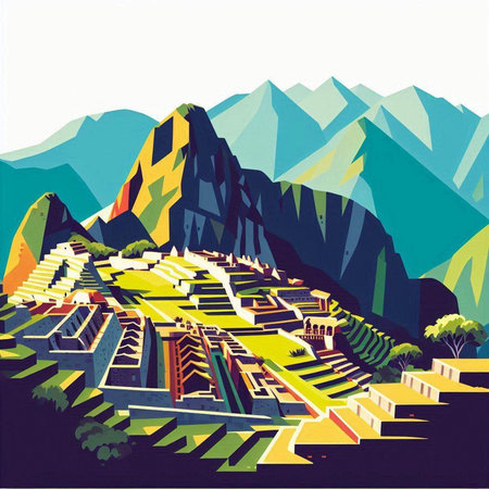 Vector illustration of pyramids in the mountains. Landscape with mountains.のイラスト素材
