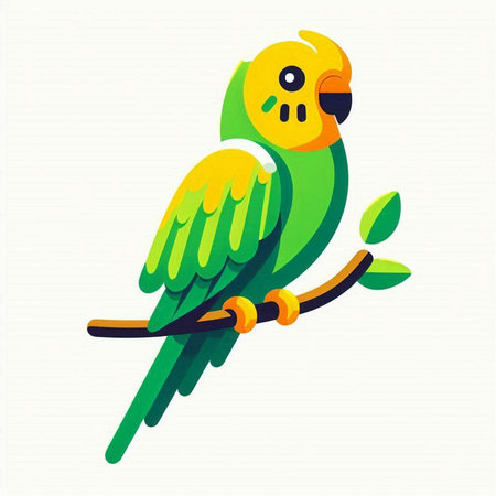 Green parrot on a branch. Vector illustration in flat style.のイラスト素材