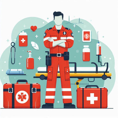 Vector illustration of a paramedic standing in front of the emergency roomのイラスト素材
