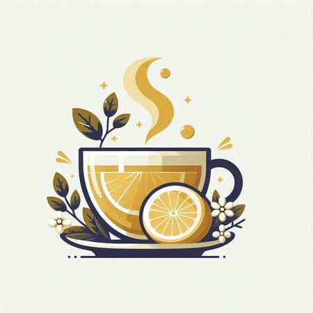 Cup of tea with lemon and leaves. Vector illustration in flat style.のイラスト素材