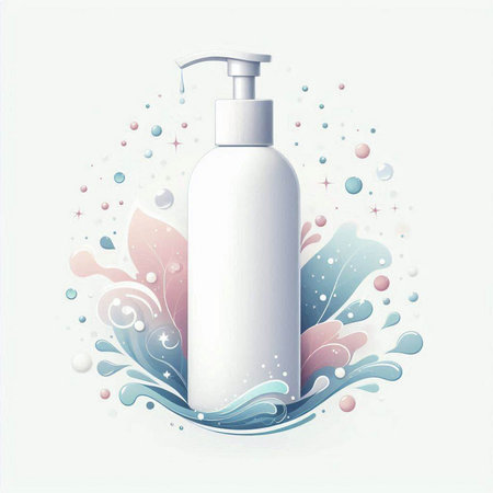 Vector illustration of cosmetic bottle on white background with water splashes.のイラスト素材