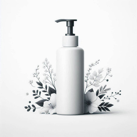 cosmetic bottle with a dispenser on a white background with flowersのイラスト素材