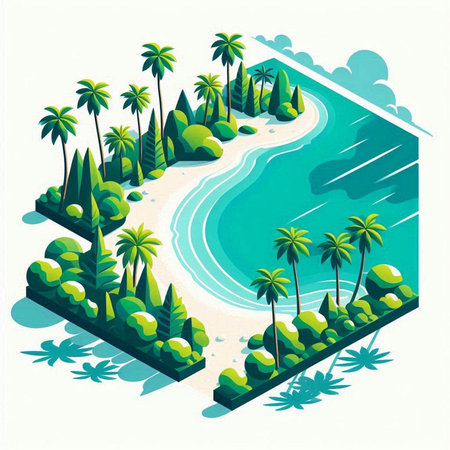 isometric beach with palm trees and turquoise water vector illustrationのイラスト素材