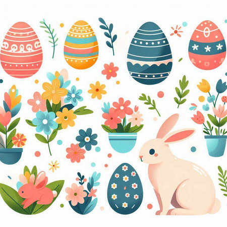 Easter background with eggs, bunny and flowers. Vector illustration.のイラスト素材