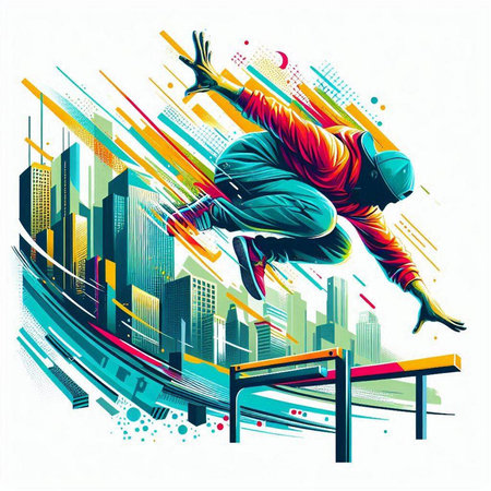 Skateboarder jumping over a hurdle with city background. Vector illustration.のイラスト素材