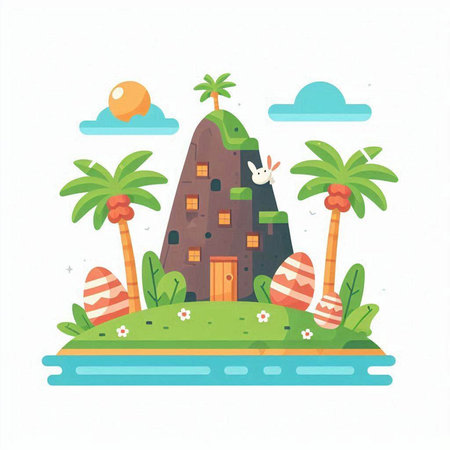Vector illustration of a cute cartoon house on the island with eggs.のイラスト素材