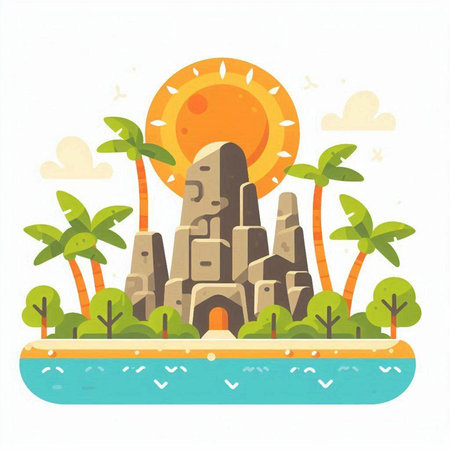 Landscape of tropical island. Vector illustration in flat cartoon style.のイラスト素材