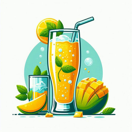 Mango smoothie with mint leaves and fruits. Vector illustration.のイラスト素材