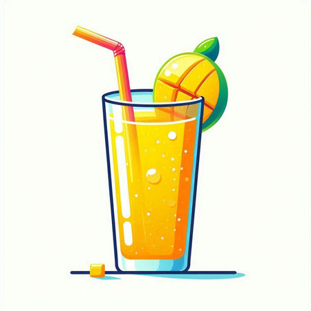 Vector illustration of a glass of orange juice with a straw and a lime on a white backgroundのイラスト素材