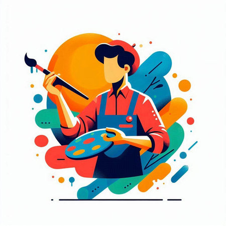 Painter with palette and brush. Colorful flat vector illustration.のイラスト素材