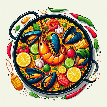 Seafood paella with prawns, shrimps, mussels and vegetables. Vector illustrationのイラスト素材