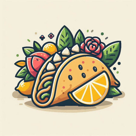 Illustration of a delicious mexican taco with orange and flowersのイラスト素材